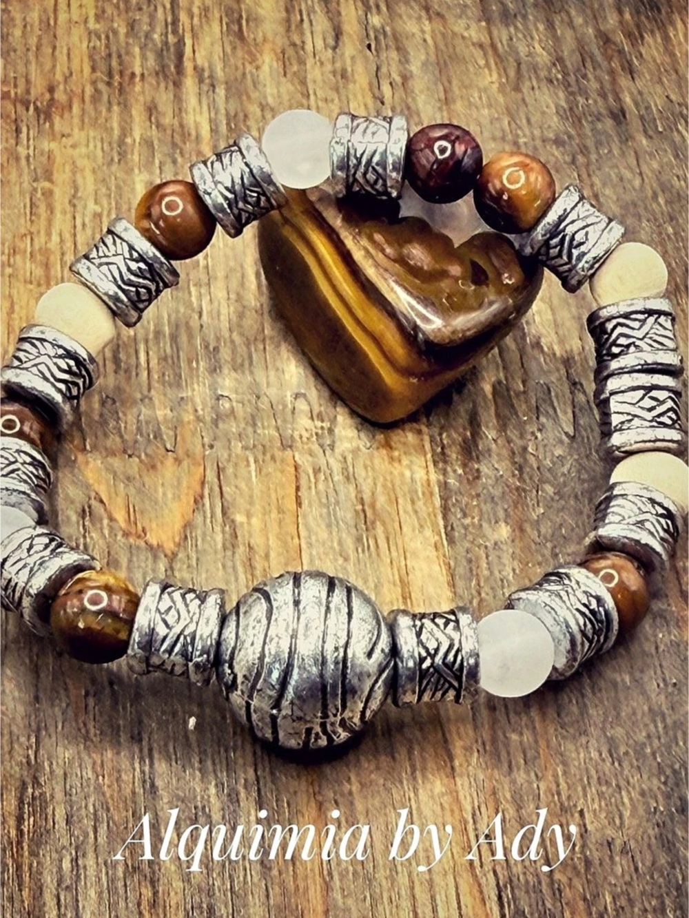 Beaded Stretch Bracelet Brown & white TIGERS EYE + SELENITE